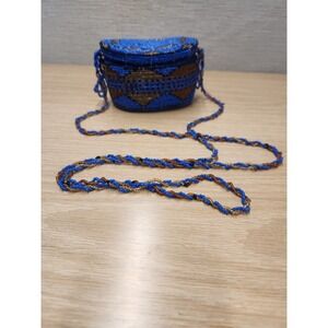 Vintage Seed Bead Hand Beaded Wire Hanging Trinket Box Purse Lidded Blue‎ Gold